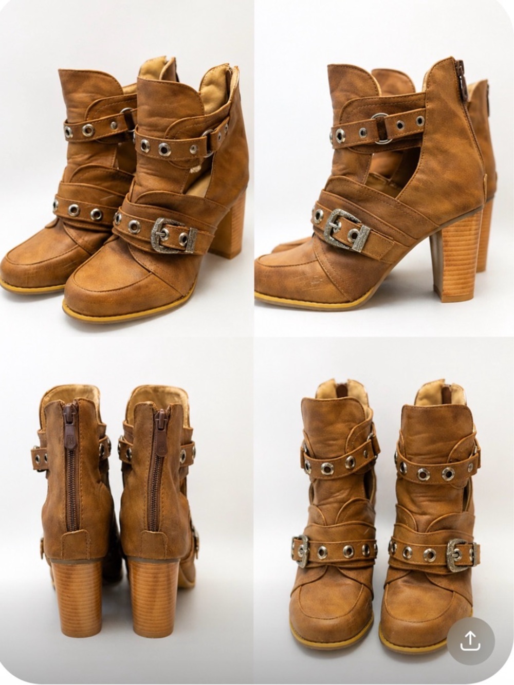 Women's Tan Buckle Strap Block Heel Ankle Boots